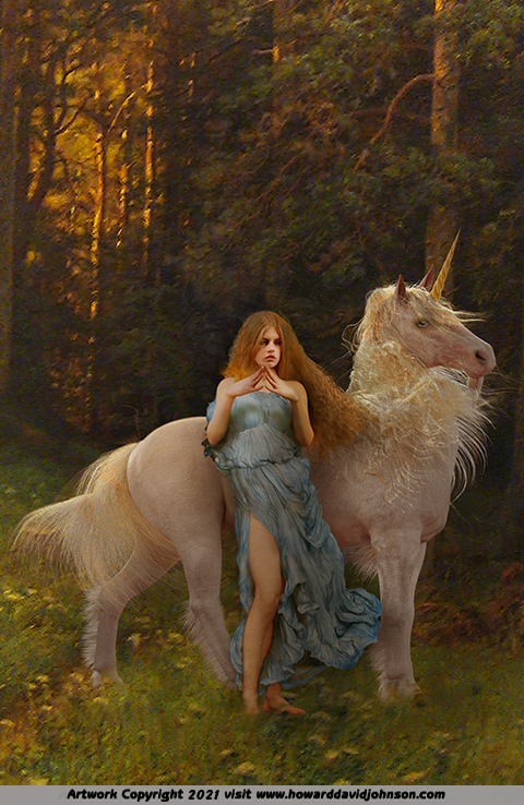 alt=The maiden and the unicorn fantasy art UNICORN ART painting poster wallpaper